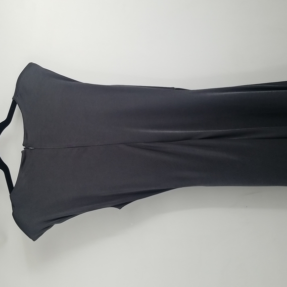 Express Gunmetal Gray Shoulder Pads Sleeveless Satiny Faux Wrap Rusched Dress - Picture 5 of 11